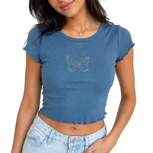 Y2K Rhinestone Butterfly Baby Tee Small Blue Coquette Ribbed Hippie Rose thumbnail 1