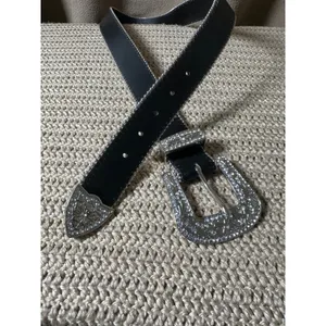 Western Rhinestone Bling Belt Black Faux Leather Silver Buckle XL RN52469 thumbnail 3
