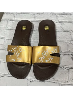 OKABASHI Women’s Gold Brown Slides Size Medium Slip On Sandals US Sz 6.5-7.5 thumbnail 3