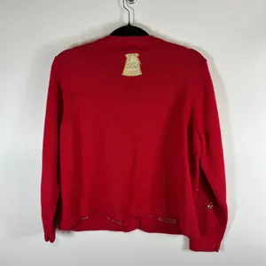 All Points Red Christmas Cardigan Sweater‎ Gold Bells Beaded Snowflakes Large thumbnail 6