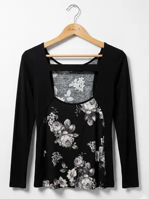 Fraiche by J Black And White Dark Floral Panel Long-Sleeve Tee thumbnail 2