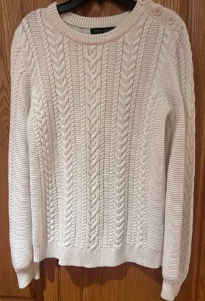 Banana Republic Ivory Chunky Cable Knit Crew Neck Button-Shoulder‎ Sweater Small thumbnail 1
