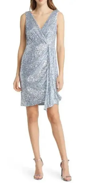 Eliza J Womens Light Blue Sequin V-Neck Side Drape Cocktail Dress Size 8 NEW thumbnail 1