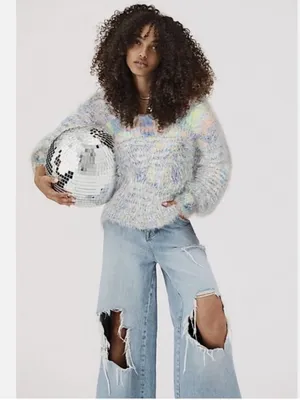 Free People Balloon Sleeve Fuzzy Gelato Pullover Sweater Pastel Size S thumbnail 6