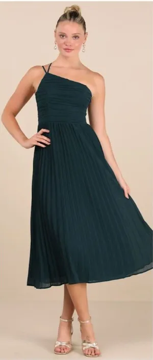 Lulus Wondrous Muse Emerald Pleated One-Shoulder Midi Dress Size XL NWT Wedding thumbnail 1