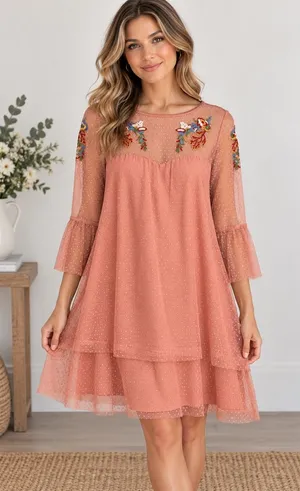 Women's Large Coral Embroidered Swiss Dot Mesh Boho Dress thumbnail 1