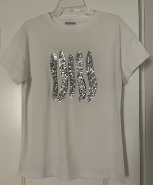 Zara White Tee with Silver Sequin Waves Size M thumbnail 1