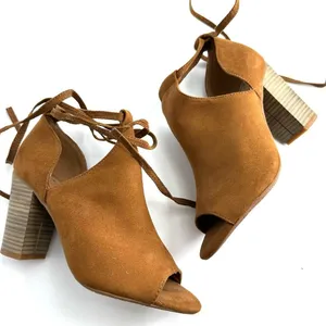NEW BC Faux Suede Open Toe Brown Strappy Lace Up Bootie Size 6 Every Day Comfort thumbnail 1