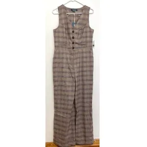 NEW NWT MODCLOTH Plaid Appeal Vest Jumpsuit Tan Brown Blue Sleeveless Retro 70s thumbnail 3
