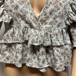 Olivaceous Ruffle Tiered Cropped Top with 3/4 length sleeves thumbnail 3