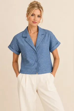 SABO SKIRT Oversized Blue & White Striped Button-Down Short Cuff Sleeve Blouse thumbnail 1