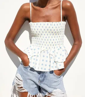 Zara polka dots linen cotton smocked top ruffle strapless stretchy tube thumbnail 1