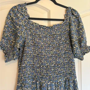 Max Studio Floral Smocked Prairie Cottage Dress with Blue Green and White thumbnail 1