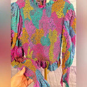 Farm Rio Women's Rainbow Mix Printed Mock Neck Crop Top || small thumbnail 8