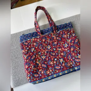 Vintage Handmade Quilted Red Blue Paisley Floral Padded Tote Shoulder Bag thumbnail 10