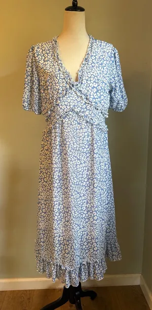 Blue White Floral Leopard boho Ruffle Midi Dress Puff Sleeve M y2k resort dainty thumbnail 1