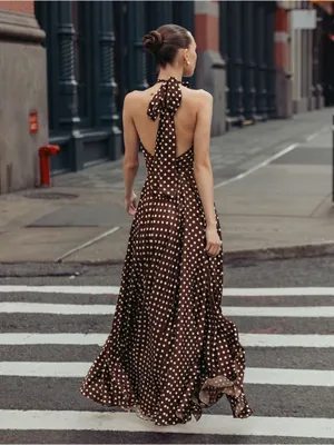 IEENA FOR MAC DUGGAL Size 10 Brown Polka Dot A-Line Halter Gown Rosette FLAWS thumbnail 3