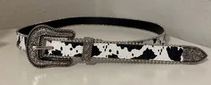 Western-Style Black and White Cow Print Belt with Silver Buckle thumbnail 1
