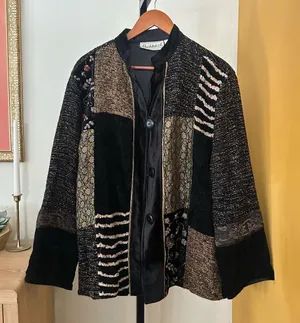 Vintage Flashback Patchwork Jacket Boho Tapestry Floral Button Black Gold Size M Size M thumbnail 1
