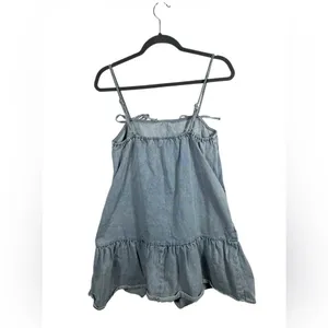 LE‎ LIS Chambray Mini Dress M Blue Cotton Tie Strap Ruffle Hem Sundress thumbnail 4