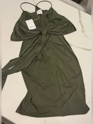 MISA Domino Tie Front Draped Ruched Knee Length Dress Olive Green Size XS NWT thumbnail 5