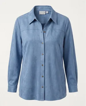 Joan Rivers Womens 1X Blue Faux Suede Button Down Shirt Long Sleeve Shacket Top thumbnail 1