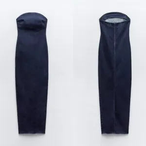 ZARA Dark Denim Strapless Raw Hem Back Slit Bodycon Tube Midi Dress‎ Size XS thumbnail 9