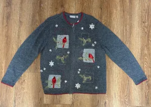 Croft & Barrow Embroidered Christmas Cardinal Sweater Womens XL Wool Angora Gray thumbnail 1