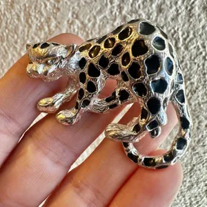 Silver tone and black jaguar brooch thumbnail 1
