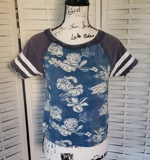 We The Free Blue Floral Raglan Short Sleeve Tee with Gray Sleeves thumbnail 1