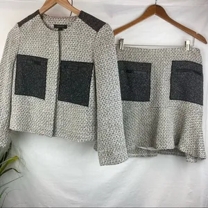 Ann Taylor SET Gray Woven Collarless Parchwork Jacket & Skirt NEW thumbnail 2