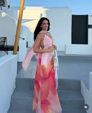 Zara Elegant Pink and Orange Maxi Dress scarf evening party wedding thumbnail 2