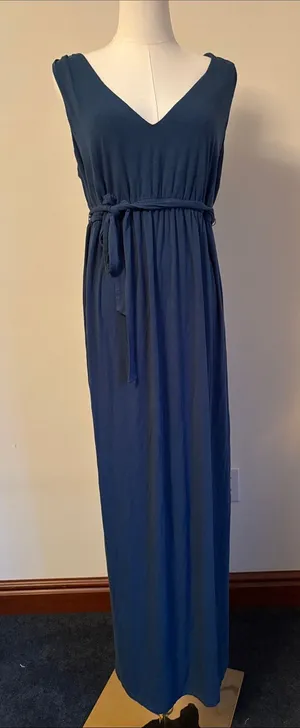 A Pea in the Pod Slate Blue V-Neck Sleeveless Maxi Dress with Tie Waist thumbnail 1