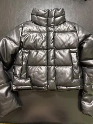 ALYA Black Faux Leather Puffer Jacket Cropped Funnel Neck Vegan PLM22-F300-BLK M thumbnail 1