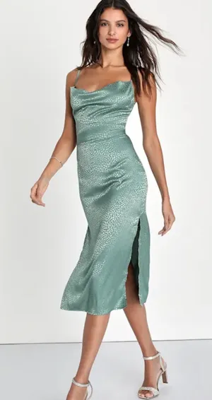 Lulus Total Stunner Sage Green Satin Jacquard Cowl Neck Midi Dress size small thumbnail 1
