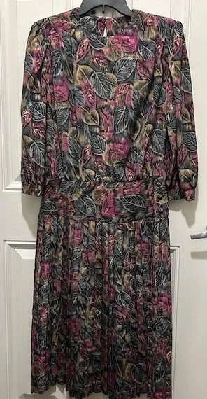Vintage Alexis‎ Fashions Pink Black Drop Waist Pleated Midi Dress 80s Size Small thumbnail 1