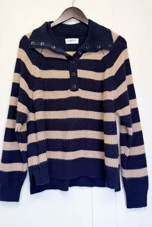 CARLY JEAN Los Angeles Blue Tan Stripe Collar Button Sweater Medium/Large thumbnail 1
