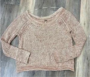 Free People Women’s Small Chunky Knit Crop Sweater Pink Beige Boho Cozy thumbnail 1
