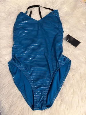 Nike Teal Blue Striped One-Piece Swimsuit size L brand new thumbnail 1