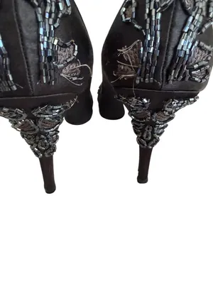 HOUSE OF DEREON Beyonce Black Satin Embroidered Beaded Heels Size 7.5 thumbnail 11