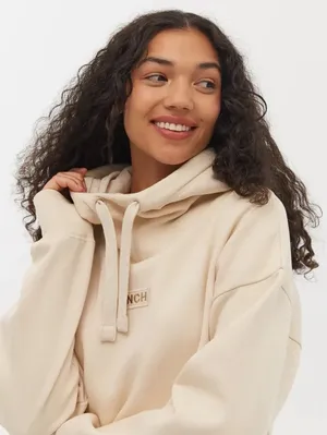 Bench Womens M Cream Cropped Pullover‎ Hoodie Sweatshirt Embroidered Logo thumbnail 1