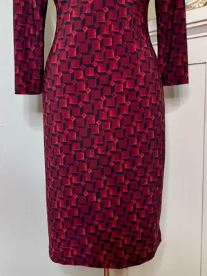 Lauren Ralph Lauren Faux Wrap Sheath Dress Burgundy Black Geometric Ruched Sz 6 thumbnail 7