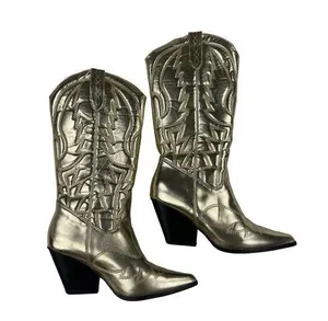Boohoo - Metallic Knee high Western Cowboy Boots in Gold thumbnail 1