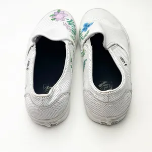 VANS White Perforated Leather Floral Custom Painted Slip On Shoes, Size 10 Boho thumbnail 5