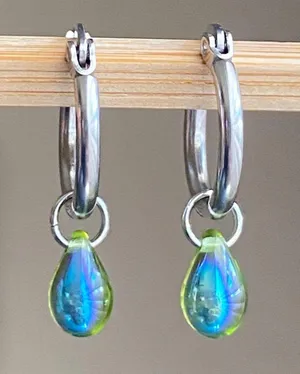 Handmade aurora olive green mini teardrop Czech glass simple minimalist hoop earrings💚🫒💕 thumbnail 3