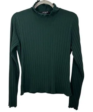 J. Crew Dark Green Ribbed Ruffle Neck Mock Neck Long Sleeve‎ Top Feminine Winter thumbnail 1