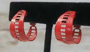 Vintage Clip On Earrings - Red Hoops with Rectangle Cut Outs 0.75" thumbnail 1
