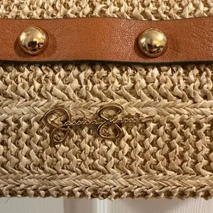 Jessica Simpson Tan Straw and Leather Studded Shoulder Bag thumbnail 2