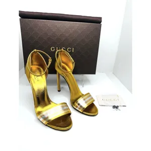 Gucci Cara Gold Metallic Leather Strappy High Heel Sandals EU 38 thumbnail 2