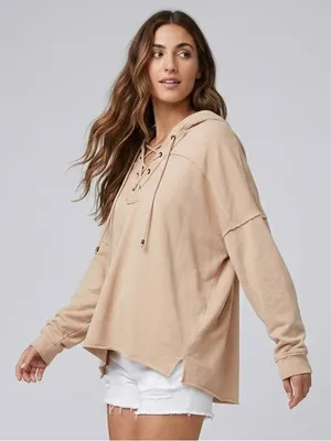 AERIE | Blush Pink Lightweight Oversized Lace-Up Pullover Hoodie Sz L thumbnail 1